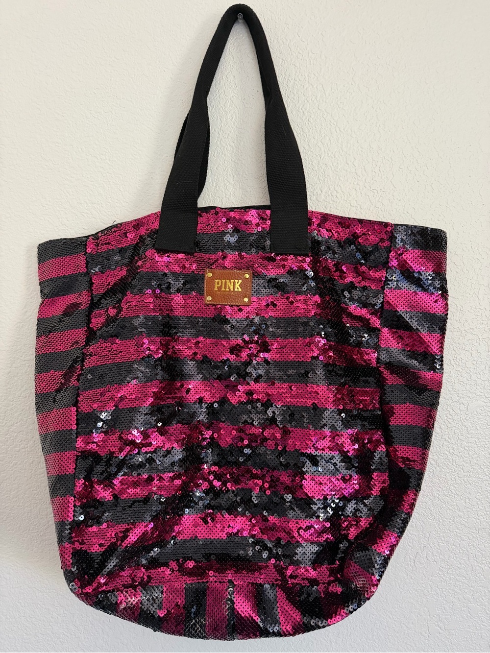 PINK Victoria's Secret Hot Pink and Black Sequin Stripe Tote - Picture 1 of 4